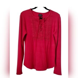Lucky Brand Women's Red Thermal Long Sleeve Lace-Up Top Size XL